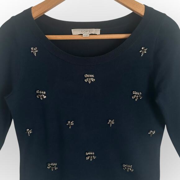 Ann Taylor LOFT Women's Rhinestone Sweater Size XS Navy Blue Wool Blend - Picture 2 of 6